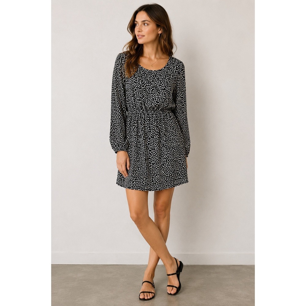 J Crew‎ Mercantile Black White Heart Print Long Sleeve Dress 14 Elastic Waist